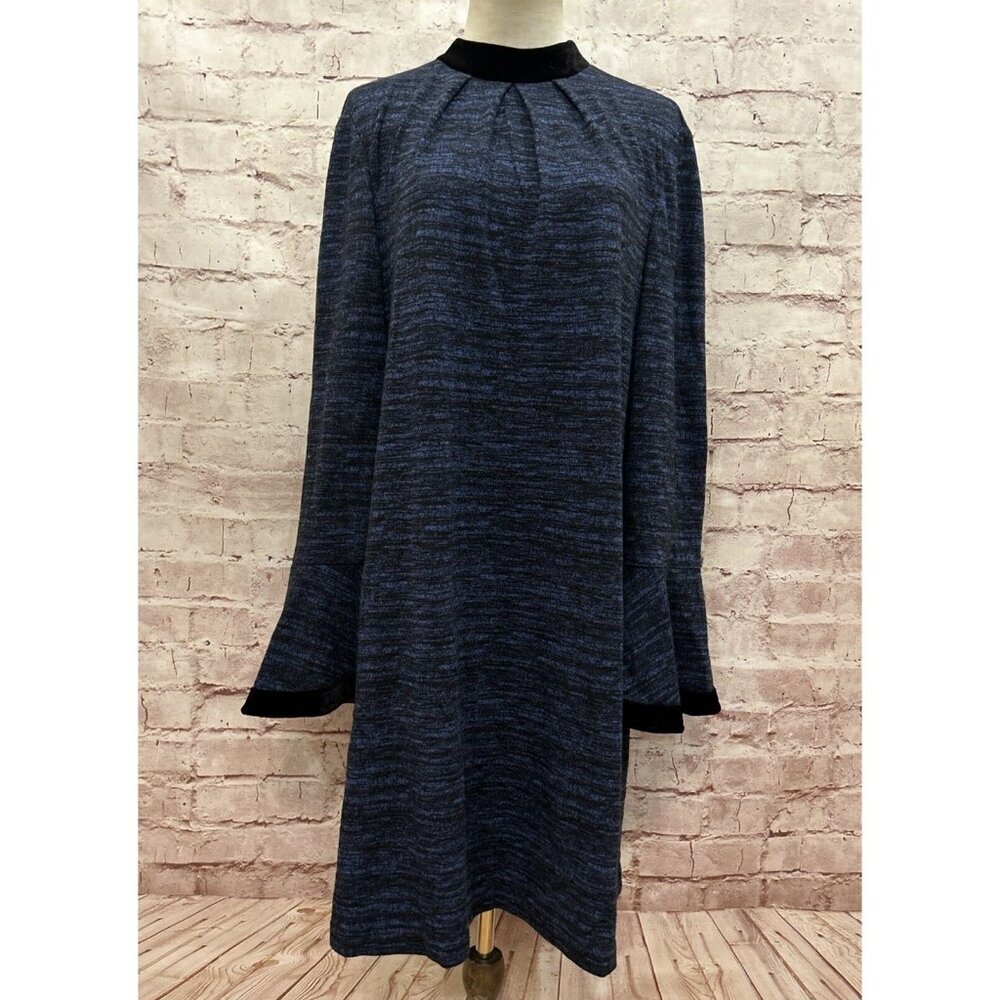 Donna Morgan Womens 16 Shift Dress Bell Sleeve Blue Black Velvet Trim Stretch